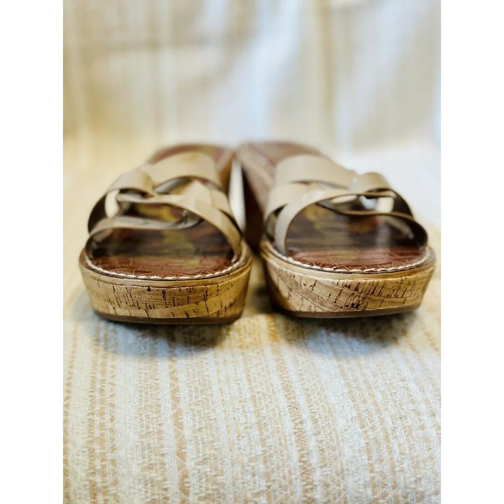 Sam Edelman Women Size 9.5 Nude Raynere Patent Cork Wedge Slip On Sandals
